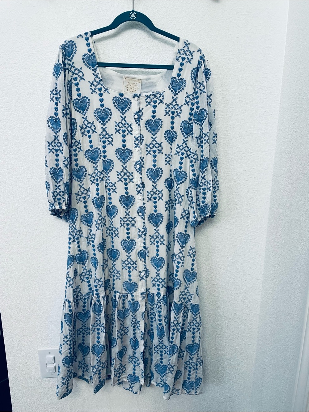 Johnny Was Blue Heart Embroidered Tiered Midi Dress